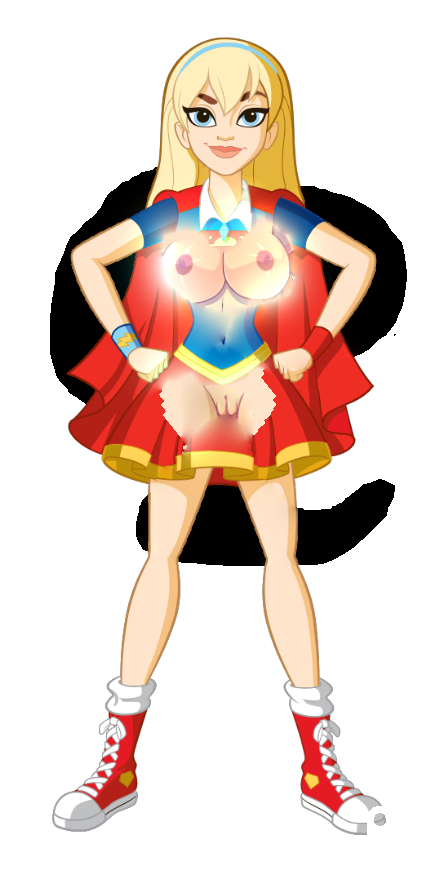 areola blonde_hair blue_eyes breasts dc_super_hero_girls dc_super_hero_girls_(2015) exposed_breasts long_hair photoshop pussy shaved_pussy standing supergirl
