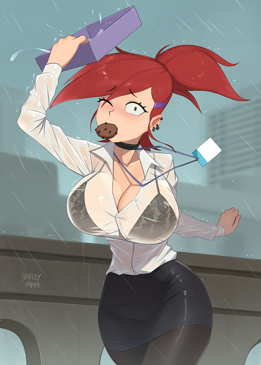 1girl barleyshake big_breasts bra cartoon_network clothing cookie foster's_home_for_imaginary_friends frankie_foster one_eye_closed ponytail raining red_hair solo_female wet_clothewets wet_shirt