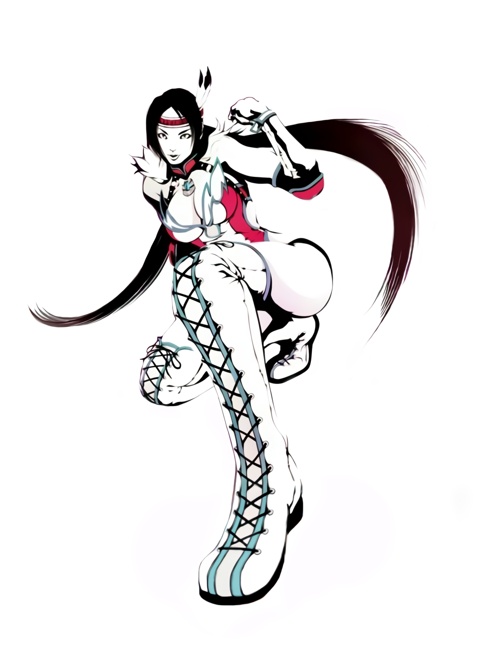1girl alluring bangs boots cross-laced_footwear elbow_gloves elbow_pads feather_hair_ornament feathers fingerless_gloves fujisawa_tomio full_body gloves headband jaycee jaycee_(tekken) julia_chang lace-up_boots long_hair low_twintails luchadora namco no_mask official_art one_knee parted_bangs simple_background stockings tekken tekken_tag_tournament_2 thigh_high_boots twin_tails voluptuous wrestling_outfit xwf