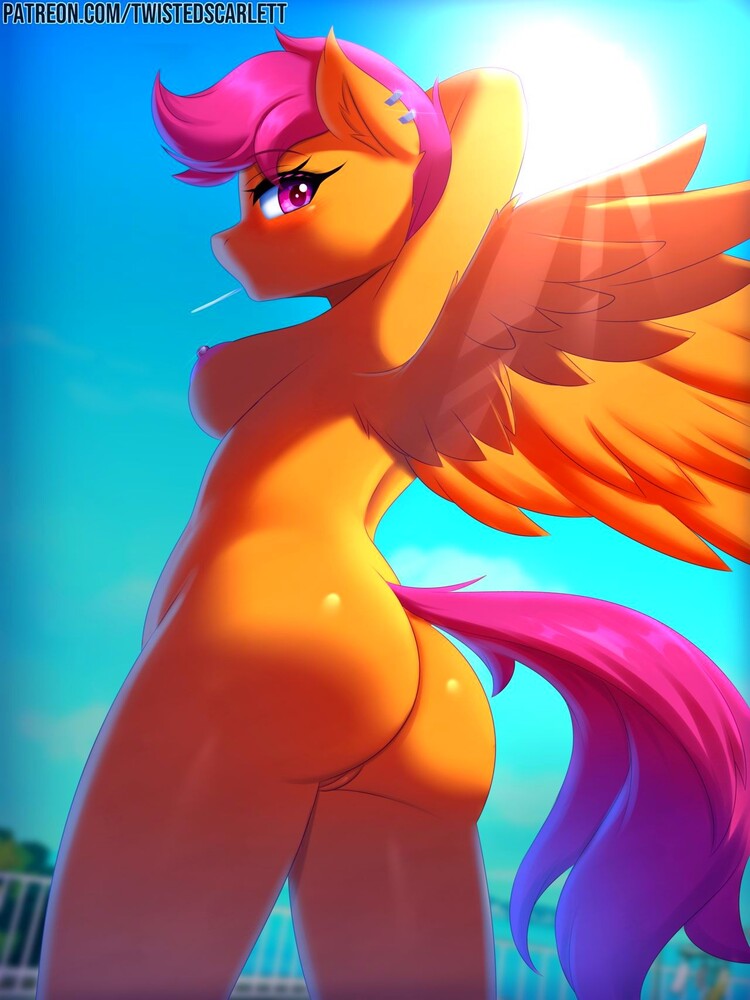 1girl arms_behind_head ass breasts female_focus furry hasbro looking_back my_little_pony my_little_pony:_friendship_is_magic naughty_face nipples scootaloo_(mlp) twistedscarlett60 wings
