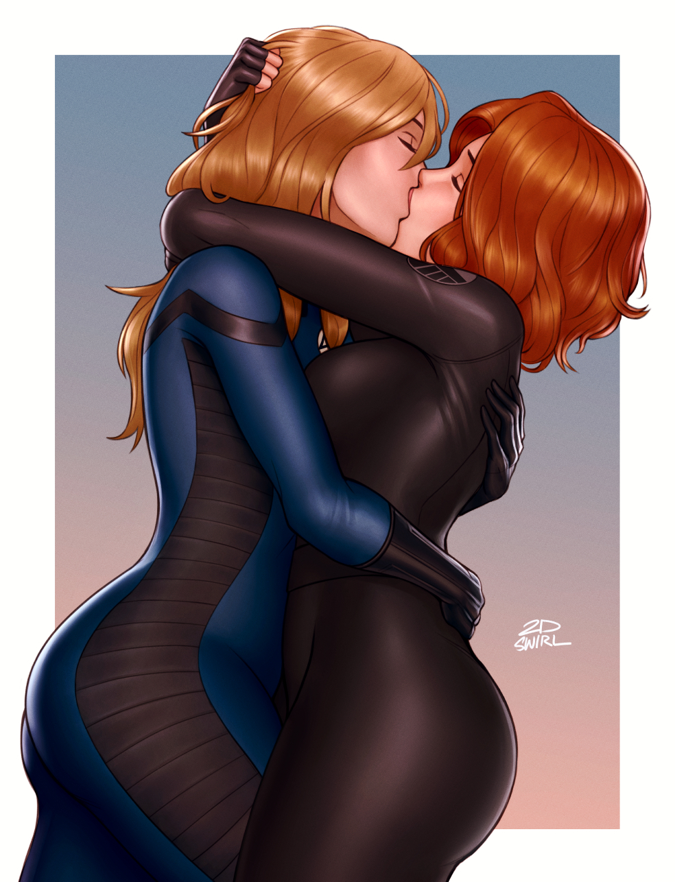 2_girls 2dnsfw 2dswirl ass avengers big_ass black_widow blonde_hair clothed_female comic_book_character duo fantastic_four female_focus female_only invisible_woman kissing light-skinned_female light_skin marvel marvel_comics mature mature_female milf natasha_romanoff red_hair sue_storm superheroine tagme thick_thighs yuri