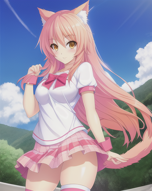 1girl amber_eyes aphmau_(youtuber) average_breasts blush blushing_at_viewer bow bow_tie bowtie cat_ears cat_girl cat_tail cuffs cute female_focus female_only grin hair_blowing kawaii kawaii_chan leggings lim3n_ai long_hair looking_at_viewer normal_breasts orange_eyes outside pink_bow pink_hair pink_legwear pink_skirt skirt small_breasts smile smiling_at_viewer thick_thighs white_shirt wind