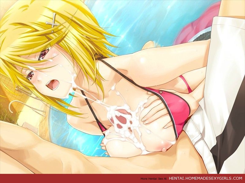 1boy 1girl areolae bikini blonde_hair blush breast_squeeze breasts censored classy_cranberry's cum cum_on_body cum_on_breasts cum_on_upper_body facial game_cg hair_ornament hairclip happoubi_jin kujou_tsubasa large_breasts looking_up nipples open_mouth paizuri penis pink_eyes pool short_hair sitting sweat swimsuit water