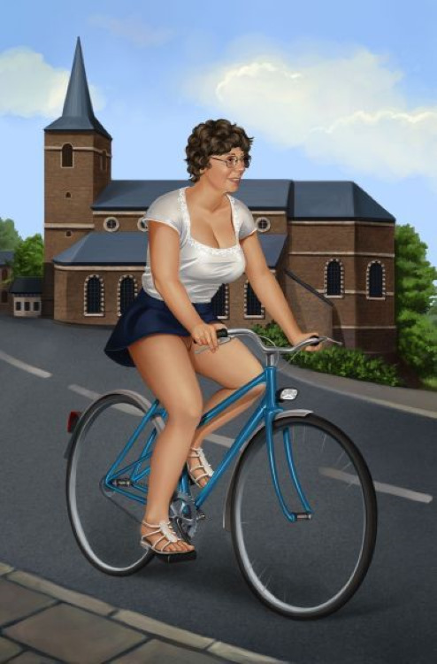 1girl bicycle big_breasts bitch blue_eyes drawing free glasses hot miniskirt mom pig pussy saarl slut smile toons vicious whore