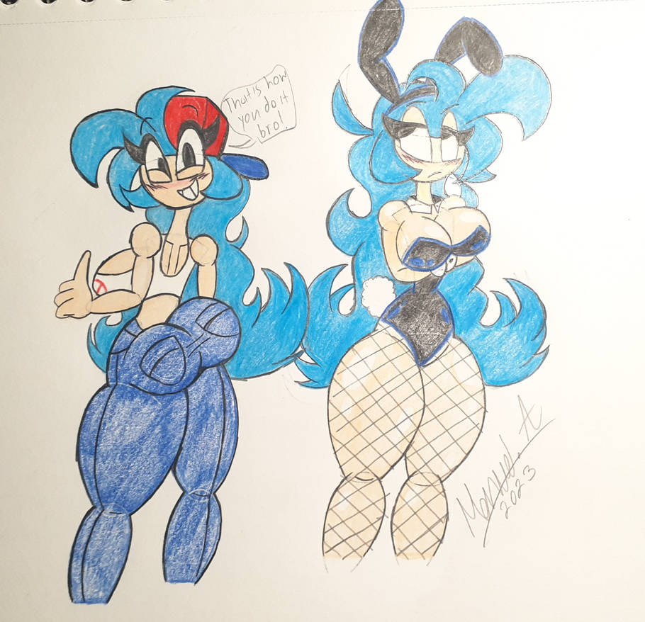 annoyed aqua_hair big_ass big_breasts blue_pants boyfriend_(friday_night_funkin) bunny_ears bunny_girl bunnysuit deviantart english_text female_boyfriend_(fnf) flushed friday_night_funkin friday_night_funkin_mod looking_at_viewer red_hat sketch smiling_at_viewer white_shirt