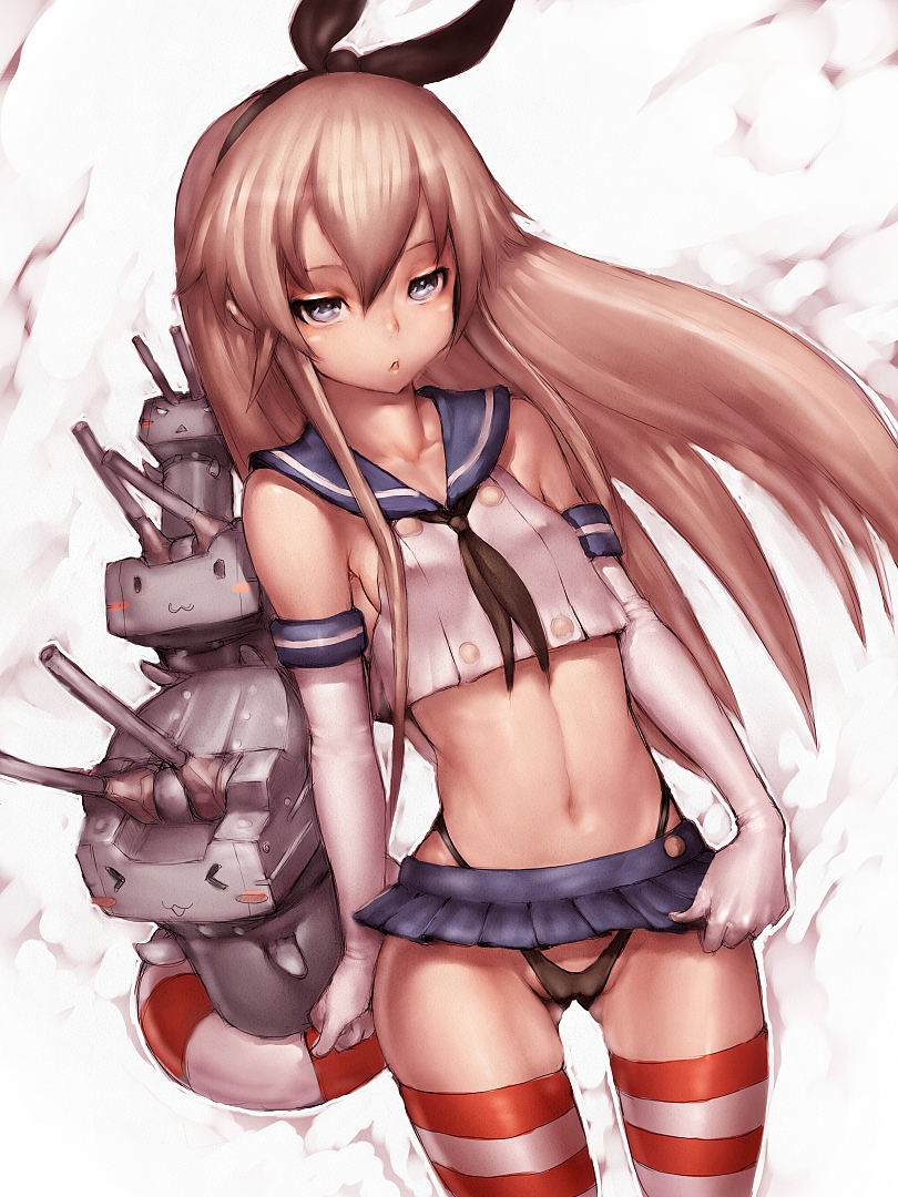 &gt;_&lt; 1girl :&lt; :3 belly black_panties blonde_hair cameltoe closed_eyes crop_top crop_top_overhang elbow_gloves erect_nipples female flat_chested fumio_(rsqkr) gloves hair innertube kantai_collection looking_at_viewer midriff navel no_bra panties pantyshot rensouhou-chan shimakaze_(kantai_collection) skindentation skirt small_breasts striped striped_legwear thighhighs underwear upskirt