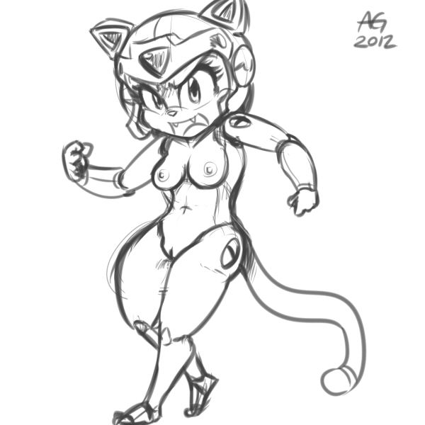 anthro areola breasts cat erect_nipples feline female monochrome navel nipples nude open_mouth polly_esther pussy saltcore samurai_pizza_cats