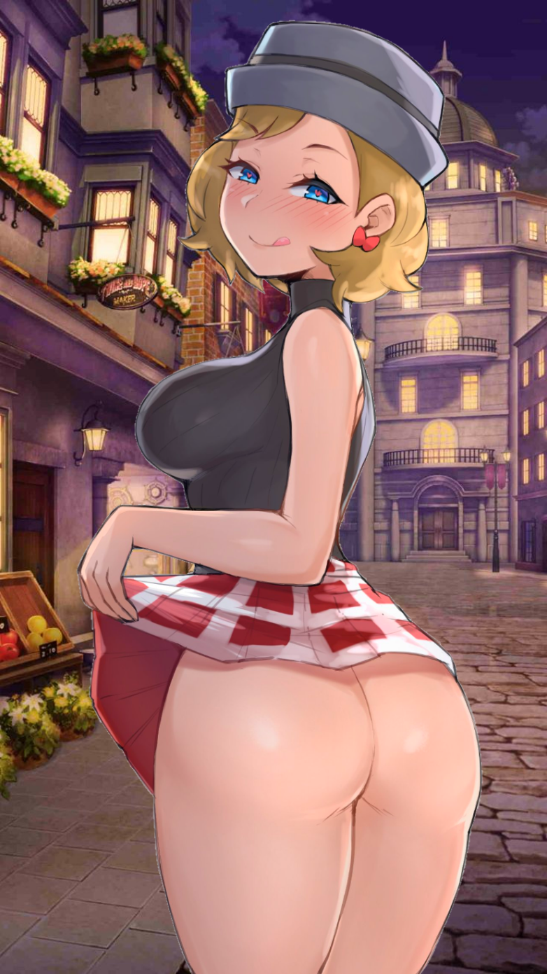 1girl artsheops ass ass_focus ass_shot blonde_hair blue_eyes blush breasts bubble_butt creatures_(company) exhibitionism female_focus game_freak heart-shaped_pupils hips huge_breasts large_ass looking_at_viewer naughty_face nintendo no_panties pokemon pokemon_(anime) pokemon_xy serena_(pokemon) short_hair short_skirt skirt skirt_lift slim_waist smile thick_thighs thighs wide_hips