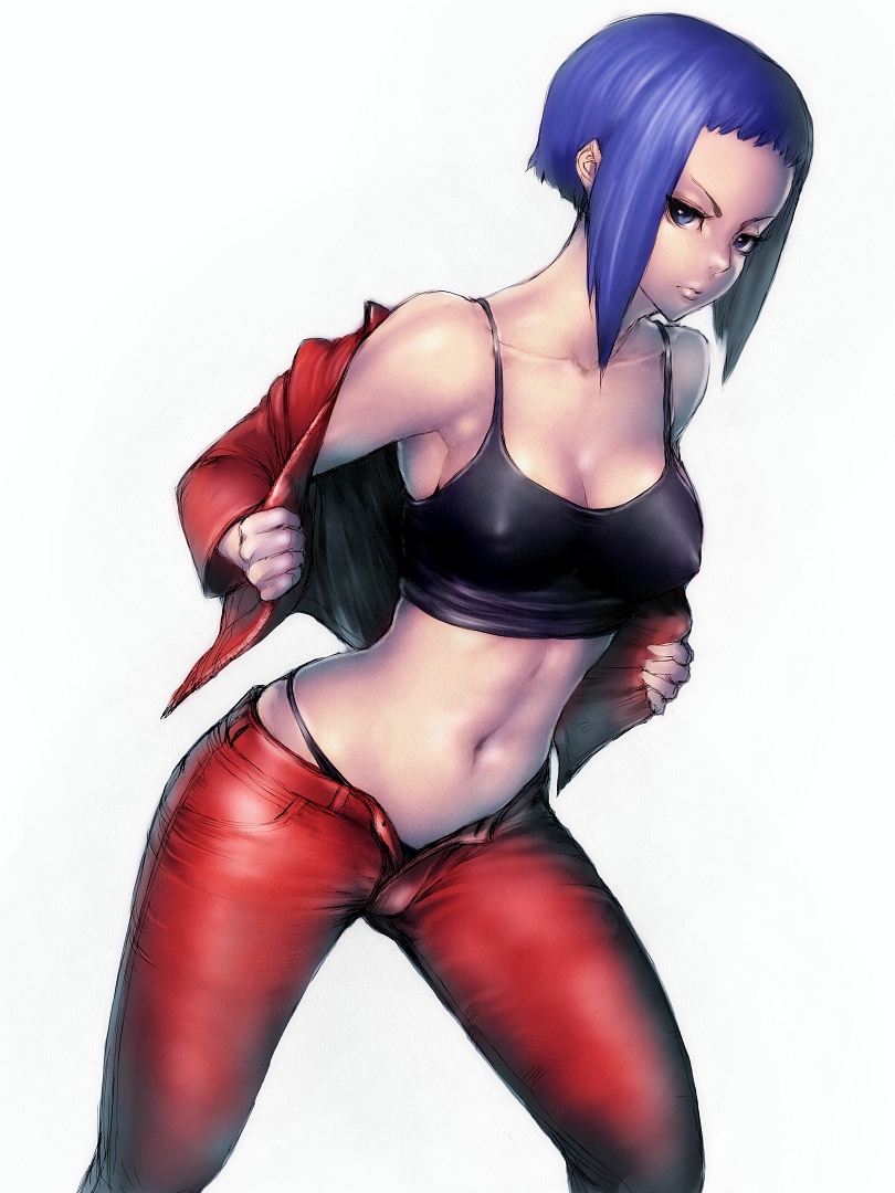 1girl belly blue_eyes blue_hair breasts cleavage covered_nipples erect_nipples female forehead fumio_(rsqkr) ghost_in_the_shell ghost_in_the_shell_arise hair jacket kusanagi_motoko lips midriff navel open_clothes open_fly open_jacket panties short_hair simple_background solo tank_top underwear undressing unzipped white_background