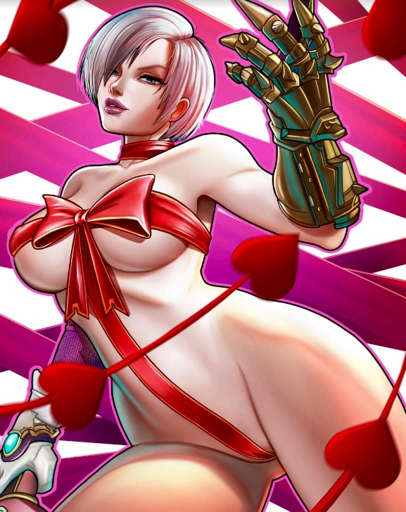 1girl alluring big_breasts blue_eyes bow breasts caucasian choker covered_breasts covered_pussy curvy eyelashes gloves hearts isabella_valentine ivy_valentine legs looking_at_viewer mostly_nude parted_lips rankgo revealing_clothes ribbon robotic_arm sexy soul_calibur standing stomach thick thick_thighs toned valentine's_day white_hair wide_hips
