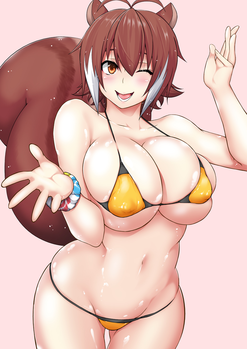 1girl 1girl 1girl ;) animal_ears antenna_hair big_breasts big_breasts bikini blazblue blush bracelet breasts brown_eyes brown_hair bursting_breasts cleavage clothed clothed_female curvy female_focus female_only fur hair_between_eyes hand_gesture hand_up hands high_res hips huge_breasts human humanoid jewelry kemonomimi lowleg lowleg_bikini makoto_nanaya micro_bikini multicolored_hair navel one_eye_closed open_mouth plump puffy_nipples shiny shiny_skin short_hair simple_background skindentation smile solo_female solo_focus squirrel_ears squirrel_tail swimsuit tagme tail tanabe_(studio_tiamat) teen thigh_gap two-tone_hair under_boob video_game_character video_game_franchise white_hair wink wristband
