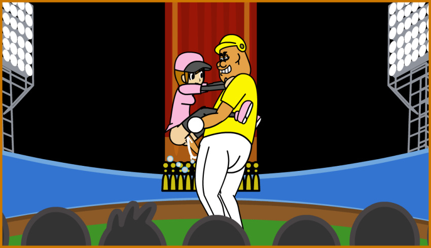 1boy 1girl age_difference audience baseball_cap baseball_helmet baseball_outfit baseball_stadium baseball_uniform black_legwear canon canonical_sex cheerful couple crowd cum cum_in_pussy cum_inside cut_content female legwear lovers nintendo no_panties official penis penis_in_pussy pitcher pitcher_(rhythm_heaven) rhythm_heaven rhythm_tengoku