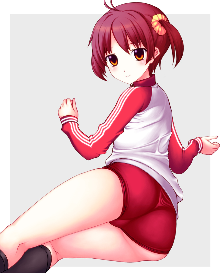 1_girl 1girl art ass blush brown_eyes buruma female gym_uniform isshiki_akane looking_at_viewer looking_back neuron_(exceed) red_hair short_hair smile solo track_jacket twintails vividred_operation