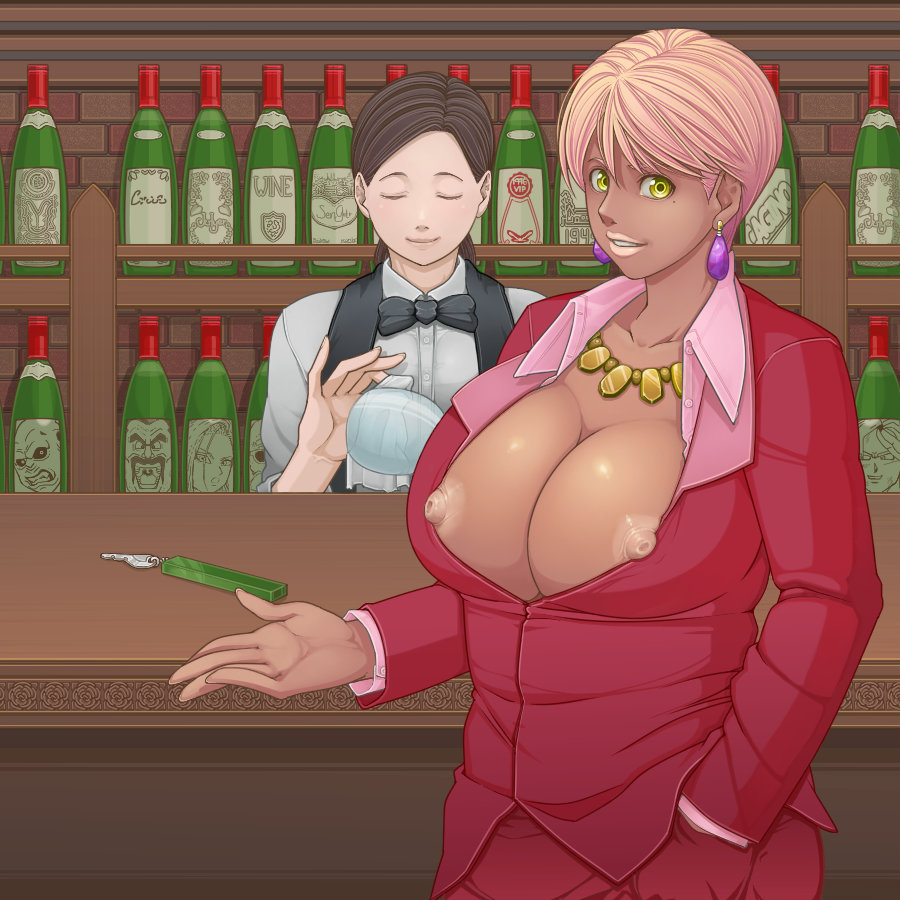 2girls a-tama android_18 aratama_(a-tama) bald beard bottle bowtie breasts brown_hair bursting_breasts cameo cleavage closed_eyes dark_skin dragon_ball dragon_ball_z earrings facial_hair female hair huge_breasts jewelry key large_breasts lips looking_at_viewer majin_buu master_roshi mole mole_under_eye mr._satan multiple_girls mustache necklace nipple_slip nipples no_bra old_man open_clothes open_mouth open_shirt pink_hair shirt smile sunglasses thick_lips wine_bottle yellow_eyes