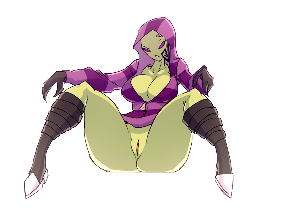 alien antenna ass big_breasts boots bottomless breasts cleavage darnact gloves green_skin hood invader_zim purple_eyes pussy solo sweater tak wide_hips zipper