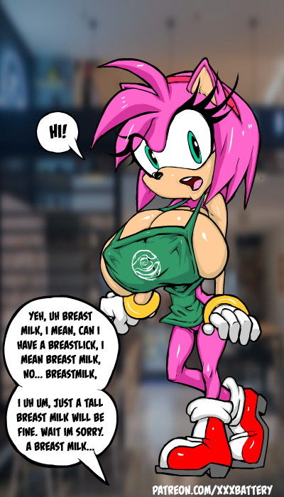 amy_rose areola big_breasts bimbo bitch breasts gigantic_breasts green_apron horny huge_areola huge_areolae huge_breasts huge_nipples iced_latte_with_breast_milk meme nipples sega sexy sonic sonic_the_hedgehog_(series) starbucks_breastmilk_meme xxxbattery