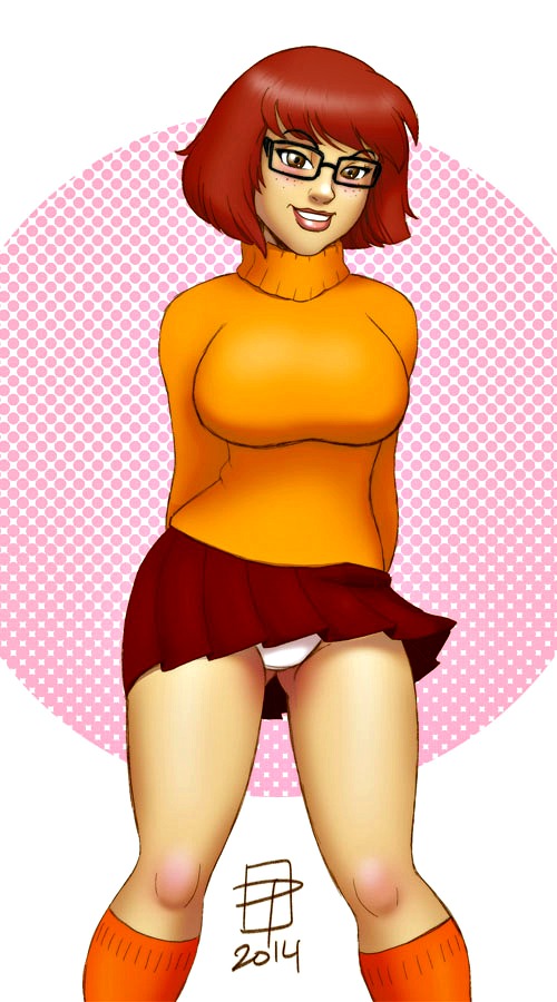 big_breasts callmepo glasses knees orange_shirt orange_socks scooby-doo velma_dinkley