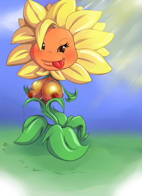 1girl big_breasts breasts brown_eyes cute erect_nipples flower funny nipples nolegal plant plants_vs_zombies shiny shiny_skin smile solo sunflower sunflower_(pvz) tongue