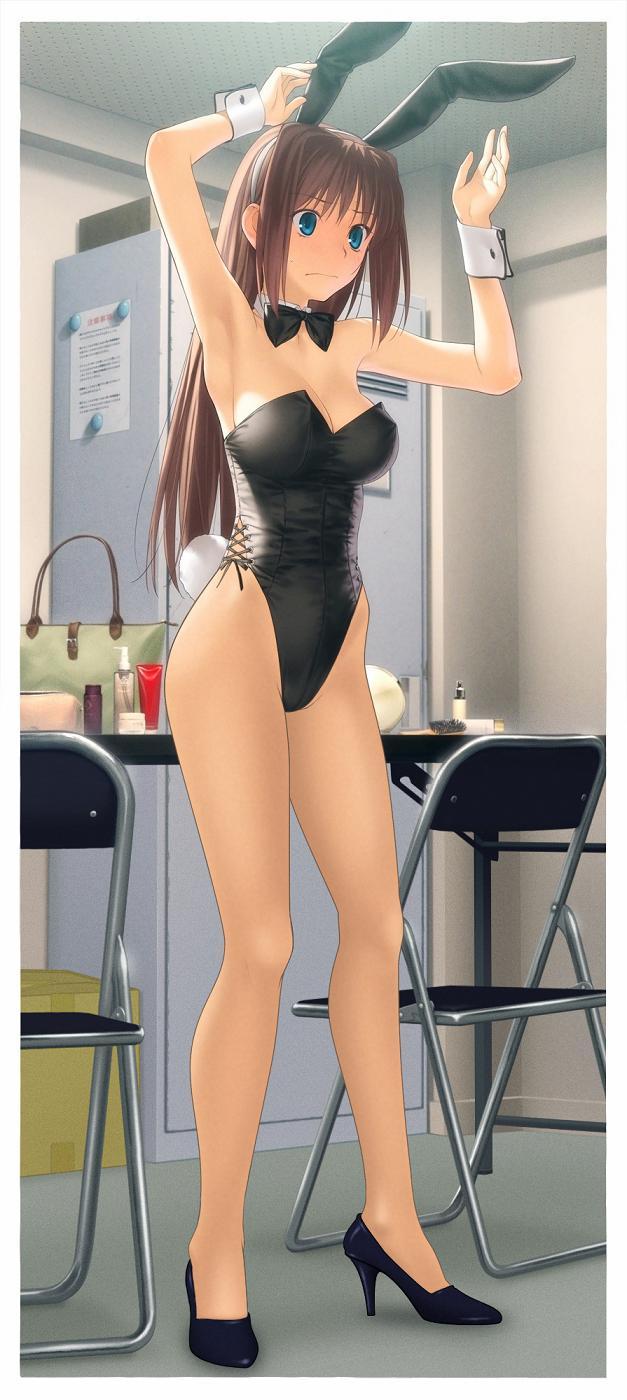 1_girl animal_ears aozaki_aoko aqua_eyes armpits arms arms_up art artist_request babe bare_legs bare_shoulders blush bow bowtie breasts brown_hair bunny_ears bunny_girl bunny_tail bunnysuit chair cleavage detached_collar embarrassed fake_animal_ears female frown high_heels high_res indoors legs leotard long_hair mahou_tsukai_no_yoru nervous shoes shy solo standing sweatdrop table type-moon wrist_cuffs