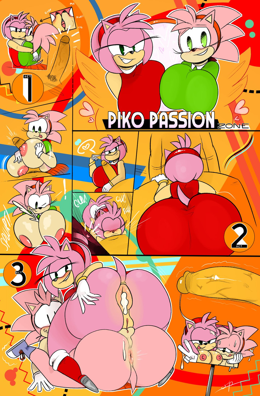 1girl 2020 amy_rose anal anthro anus ass big_ass big_breasts blush bodily_fluids breasts classic_amy_rose classic_sonic_(universe) clothed clothing colored comic cum cum_in_ass cum_inside cum_on_breasts cum_on_face deepthroat digital_media_(artwork) duo english_text erection eulipotyphlan fellatio female/female female_penetrated footwear french_kissing fur furry genital_fluids genitals gloves green_eyes handwear hedgehog high_res huge_ass huge_breasts hugging kissing licking licking_lips looking_at_viewer looking_back male male/female male_penetrating mammal nipples oral oral_penetration ota_(artist) paizuri partially_clothed penetration penile penis pink_body pink_fur presenting presenting_anus presenting_hindquarters pussy sega selfcest sex shoes simple_background smile sonic_the_hedgehog_(series) square_crossover text thick_thighs tongue tongue_out video_games wide_hips
