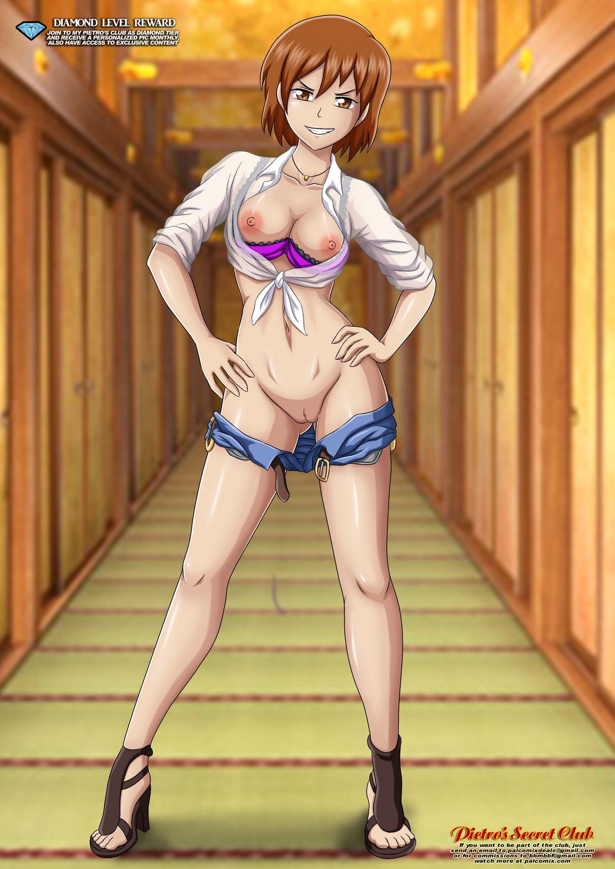 1girl ass bangs bare_shoulders barefoot bbmbbf belly belt belt_buckle best_student_council bra brown_eyes brown_hair buckle cleft_of_venus clitoris door erect_nipples female_focus female_solo gokujou_seitokai hallway hands_on_own_hips hands_on_own_thighs high_heels jewelry kinjo_nanaho looking_at_viewer necklace no_panties palcomix pietro's_secret_club purple_bra pussy see-through_dress shiny shiny_hair shiny_skin shirt_tied_around_waist short_hair short_pants smile solo_female solo_focus standing stockings stomach teeth thick_thighs thighs underwear
