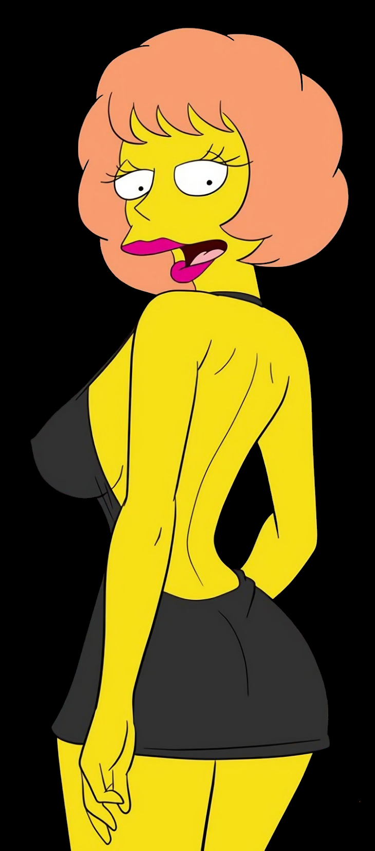 1girl back_view bare_back black_background black_dress croc_(artist) dress maude_flanders provocating provocative sensual short_dress solo the_simpsons yellow_skin