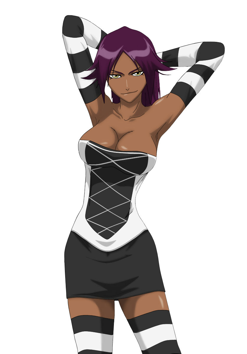 1_girl arm armpits arms arms_behind_head arms_up art artist_request babe bare_shoulders big_breasts black_dress bleach breasts cleavage collarbone dark_skin dress elbow_gloves female gloves half-closed_eyes legs legwear looking_at_viewer naughty_face purple_hair shihouin_yoruichi shiny shiny_skin short_hair skirt smile solo standing stockings strapless strapless_dress striped striped_elbow_gloves striped_legwear striped_thighhighs white_dress yellow_eyes