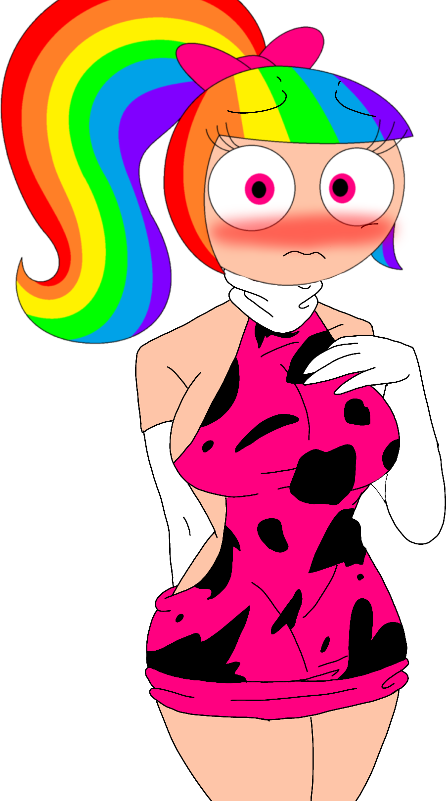 1girl alpha_channel animal_print big_breasts blush clothed clothing cute elbow_gloves embarrassed female female_only hand_on_breast looking_at_viewer nervous pink_eyes ra1nb0wk1tten101_(artist) rainbow_hair rainbow_kitty101 sexy shy solo the_adventures_of_ra1nb0wk1tty_and_her_allies thick_thighs transparent_background virgin_killer_sweater