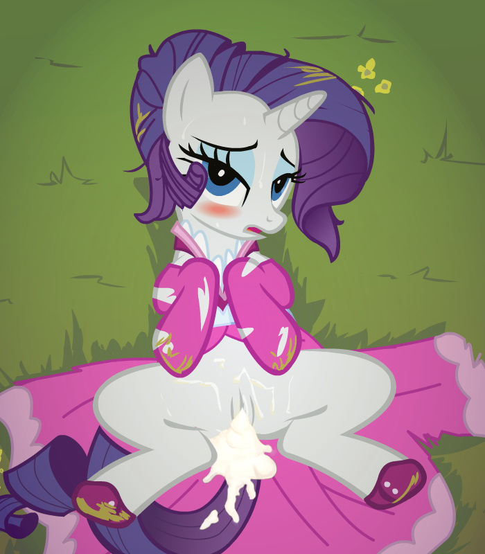 1girl after_sex after_vaginal blue_eyes blush creampie cum cum_in_pussy cum_inside cum_leaking cum_on_dress cum_on_tail dress female female_only female_unicorn friendship_is_magic horn my_little_pony no_panties partially_clothed pony pussy rarity rarity_(mlp) solo tail unicorn