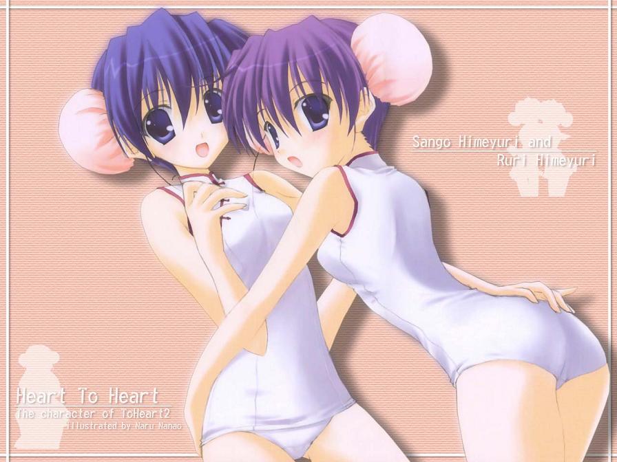 2girls arm arms art ass bare_legs blue_eyes blue_hair blush chignon china_dress chinadress chinese_clothes double_bun embarrassed female game_cg himeyuri_ruri himeyuri_sango hugging incest leaning leaning_forward legs looking_at_viewer looking_back multiple_girls naru_nanao one-piece_swimsuit open_mouth purple_hair short_hair shy siblings sisters sleeveless standing swimsuit tagme to_heart to_heart_2 twincest twins yuri