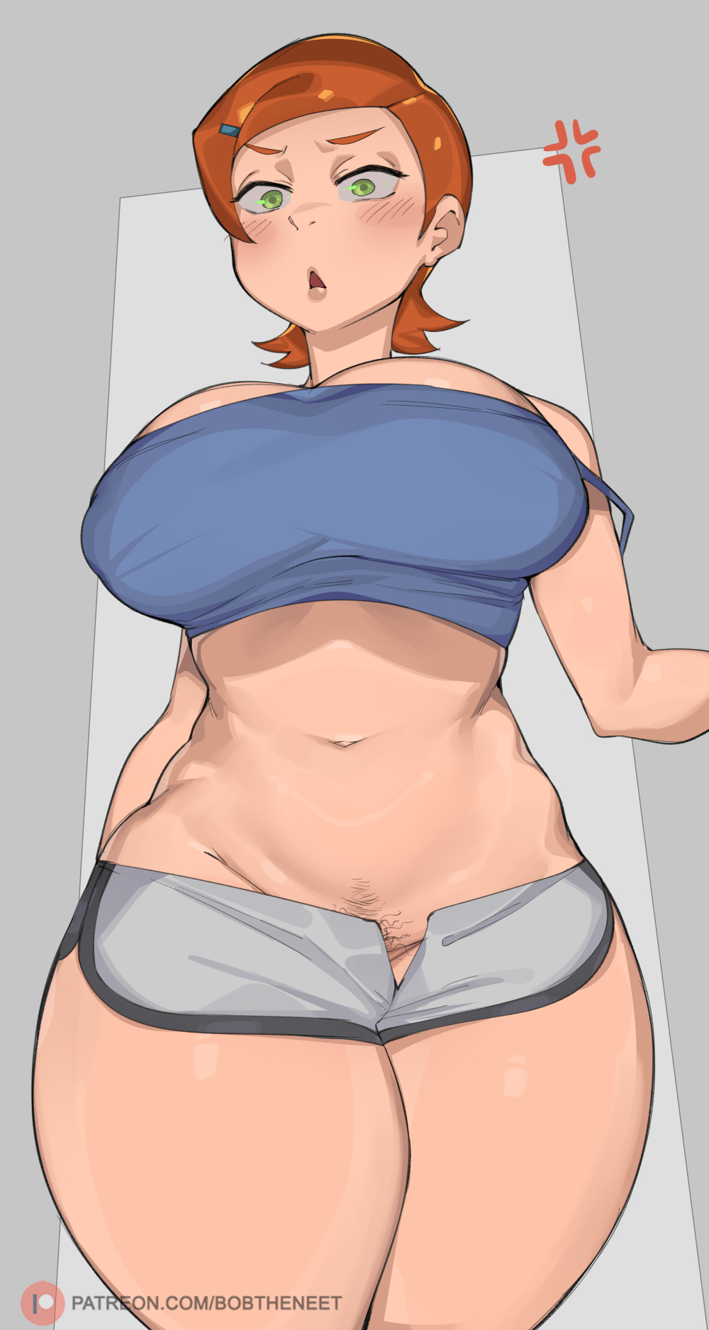 1girl 1girl 2022 aged_up belly_button ben_10 big_breasts breasts cartoon_network elijahzx female_only green_eyes gwen_tennyson hips light-skinned_female light_skin open_shorts orange_hair pubic_hair pubic_hair_peek short_hair short_shorts shorts wide_hips