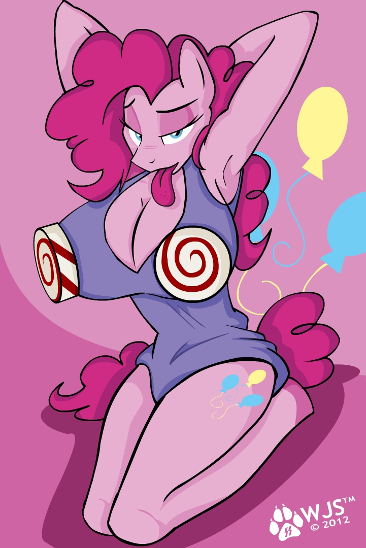 anthro big_breasts blue_eyes breasts cleavage cutie_mark equine female friendship_is_magic horse kneeling my_little_pony one-piece_swimsuit pinkie_pie pinkie_pie_(mlp) pony pose swimsuit tongue wolfjedisamuel