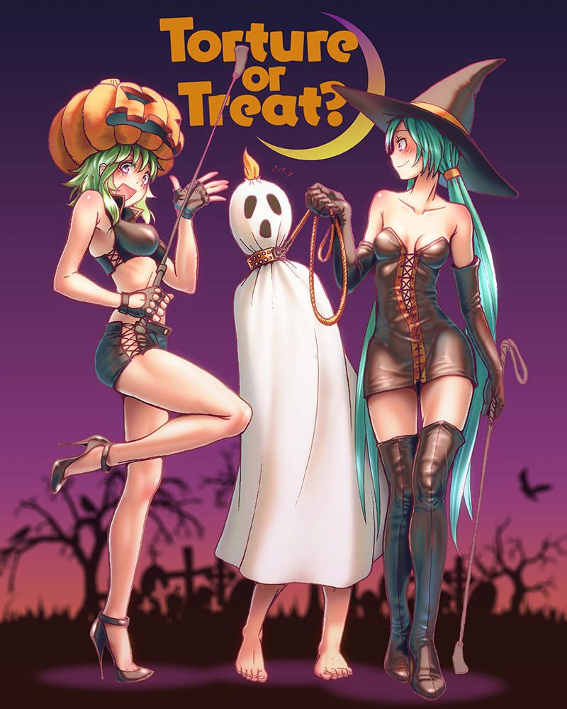 1boy 2_girls 2girls :d aqua_hair bare_shoulders barefoot bdsm blonde_hair blush boots breasts collar costume crescent_moon crop_top dominatrix dress elbow_gloves femdom fingerless_gloves flying_sweatdrops ghost ghost_costume gloves green_hair gumi halloween hat hatsune_miku high_heel_boots high_heels jack-o'-lantern jack-o'-lantern kagamine_len latex leash leather leather_boots leather_skirt leg_up legs long_hair looking_at_another looking_at_viewer midriff miku_hatsune miniskirt moon multiple_girls open_\m/ open_mouth pumpkin pumpkin_hat purple_eyes riding_crop skirt smile standing stiletto_heels stockings thigh_boots thigh_high_boots thighhighs trick_or_treat twin_tails twintails very_long_hair vocaloid witch_hat wokada you_gonna_get_raped zettai_ryouiki