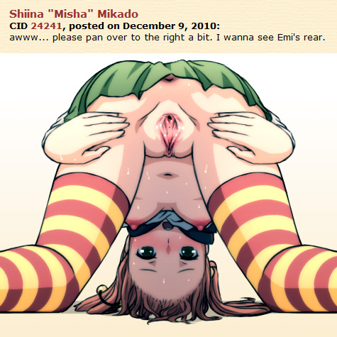 1girl amputee anus bent_over english hair_bobbles hair_ornament ibarazaki_emi imageboard_colors katawa_shoujo looking_through_legs lowres manyakis mike_inel navel nipples no_panties orange_hair prosthesis pussy skirt solo spread_legs spread_pussy striped striped_legwear text thighhighs uncensored