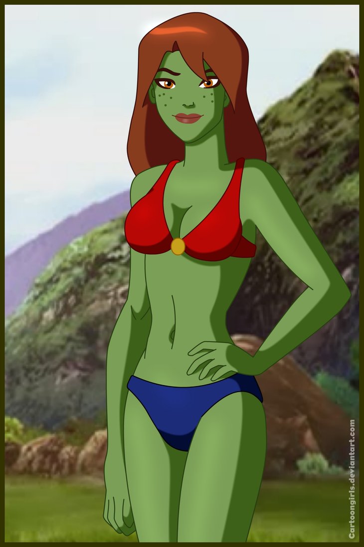 1girl bikini cartoongirls_(artist) green_skin miss_martian red_hair swimsuit young_justice