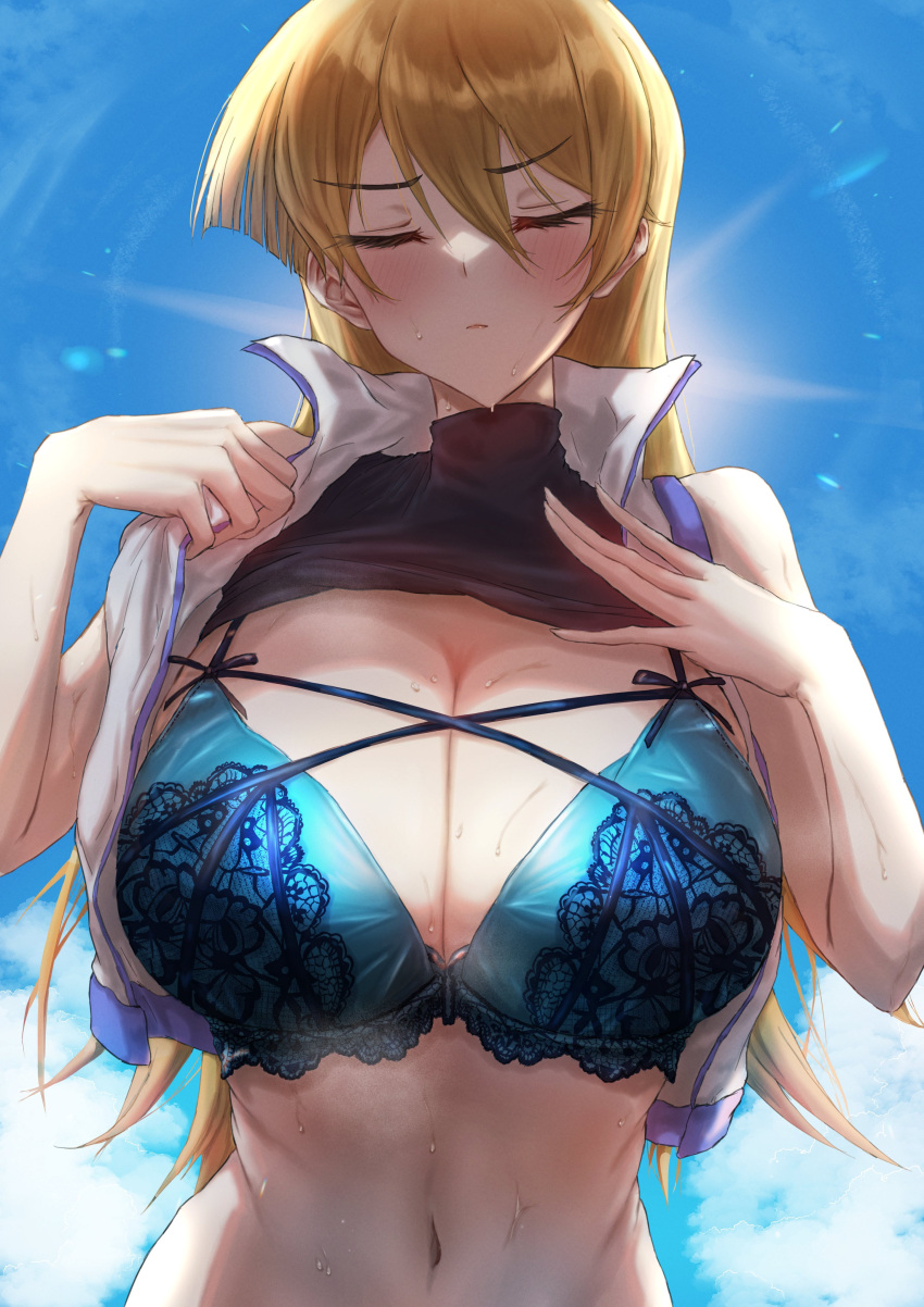 1girl alexis_rhodes alluring bare_shoulders big_breasts blonde_hair blue_bra blue_underwear bra breasts cleavage closed_eyes clothes_lift clothing collar commission high_resolution lace-trimmed_bra navel shaddoll_fusion shirt shirt_lift skeb_commission sweat sweatdrop tenjouin_asuka turtleneck underwear uniform upper_body very_high_resolution vest yu-gi-oh! yu-gi-oh!_gx