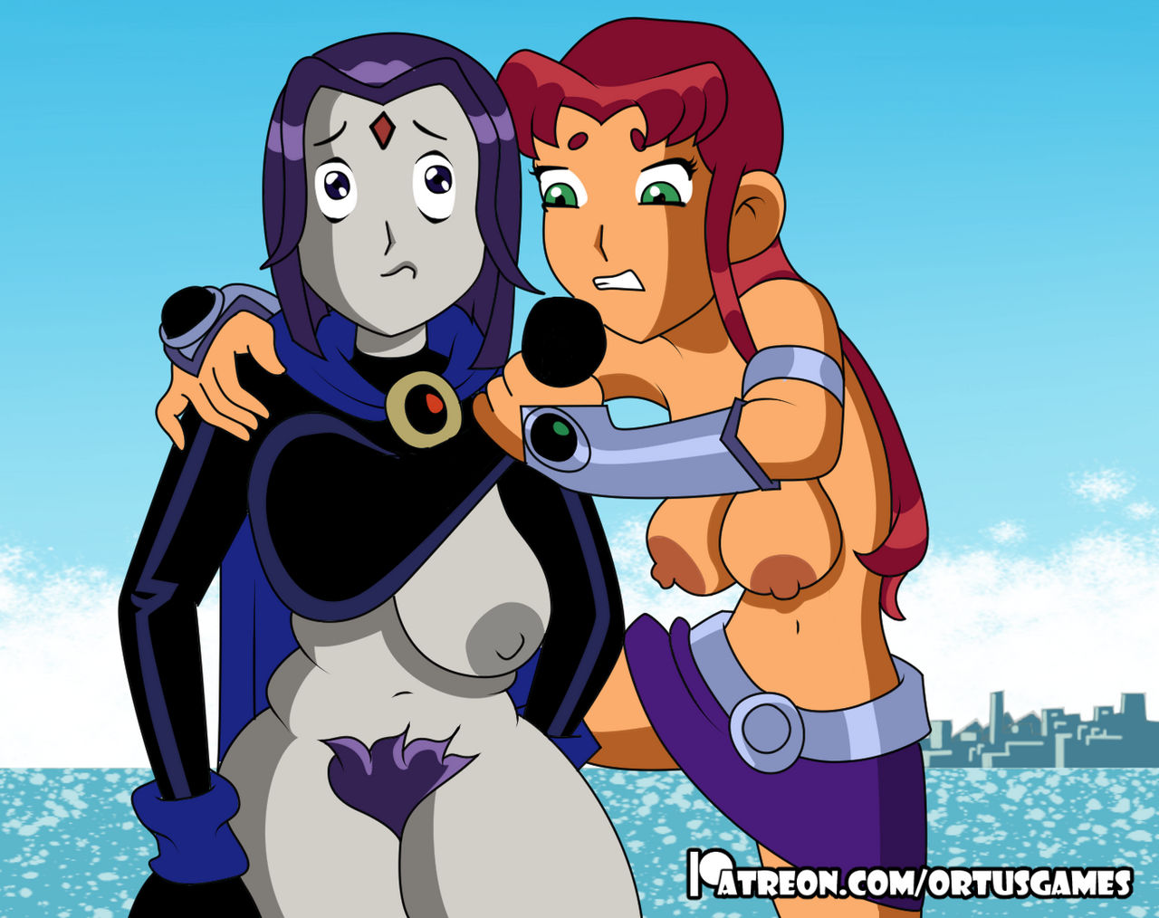 2girls breasts cloak clothing dc_comics female_only grey_skin human koriand'r leotard leotard_pull navel nipples ortus1 outerwear pale_skin pubic_hair purple_hair rachel_roth raven_(dc) starfire teen_titans topless unshaved_pussy wet