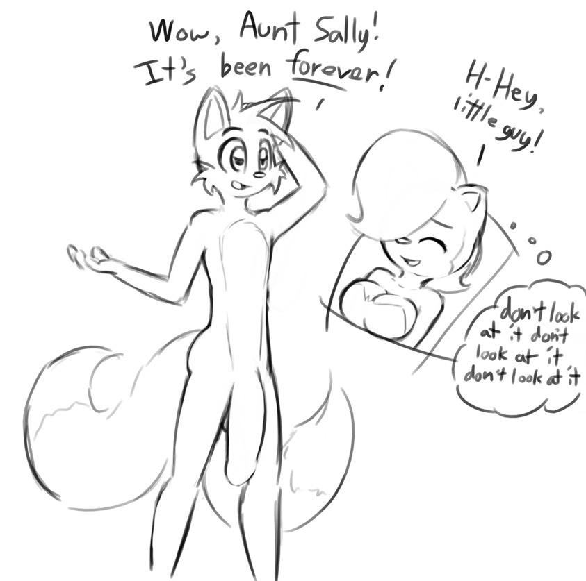 alluring anthro breasts canine chipmunk cleavage closed_eyes dialogue english_text exposed female flaccid fox long_penis male miles_"tails"_prower monochrome norithics nude penis sally_acorn sega sonic sonic_(series) testicles text