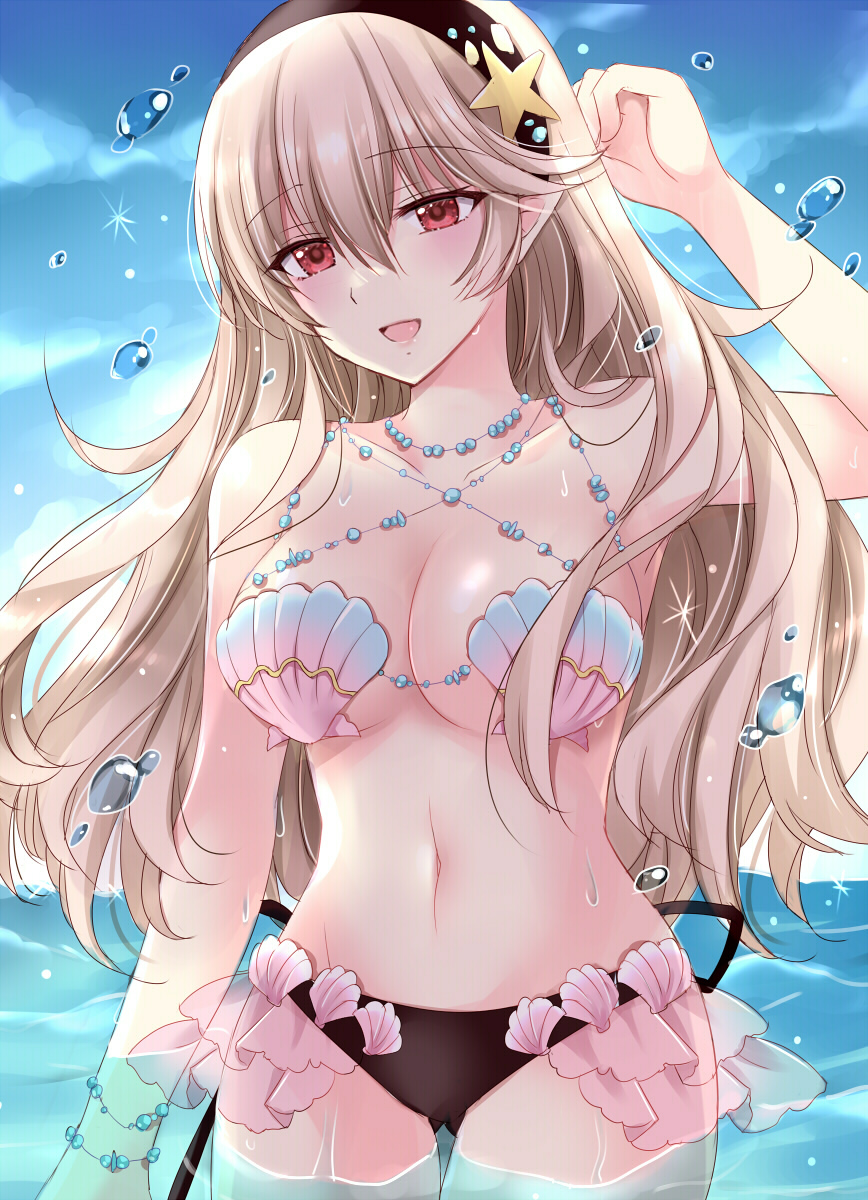 1girl 1girl alluring bikini black_hairband blue_sky blush breasts cleavage collarbone commentary_request corrin_(fire_emblem) corrin_(fire_emblem)_(female) fire_emblem fire_emblem_cipher fire_emblem_fates gluteal_fold grey_hair hair_between_eyes hairband high_res kirishima_riona long_hair looking_at_viewer medium_breasts navel nintendo official_alternate_costume open_mouth outside partially_submerged pointy_ears red_eyes shell shell_bikini sky smile stomach swimsuit water
