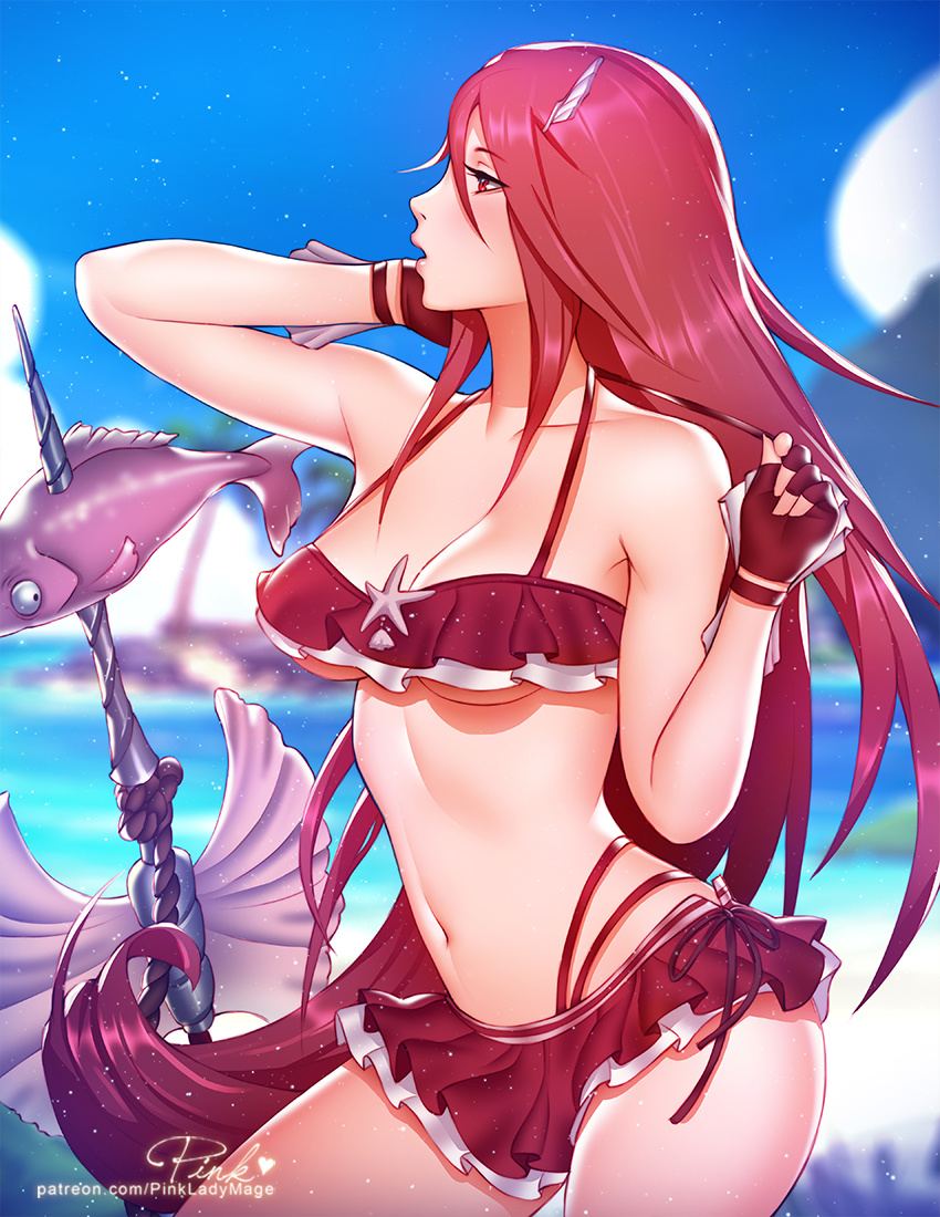 1girl 1girl alluring artist_name bare_shoulders bikini bikini_skirt blue_sky blurry blurry_background breasts commentary cordelia_(fire_emblem) cordelia_(summer)_(fire_emblem) day english_commentary fingerless_gloves fire_emblem fire_emblem_awakening fire_emblem_heroes fish gloves hair_ornament hairclip long_hair looking_away medium_breasts multi-strapped_bikini navel nintendo outside parted_lips pink_lady_mage profile pulled_by_self red_eyes red_hair signature sky swimsuit untying very_long_hair