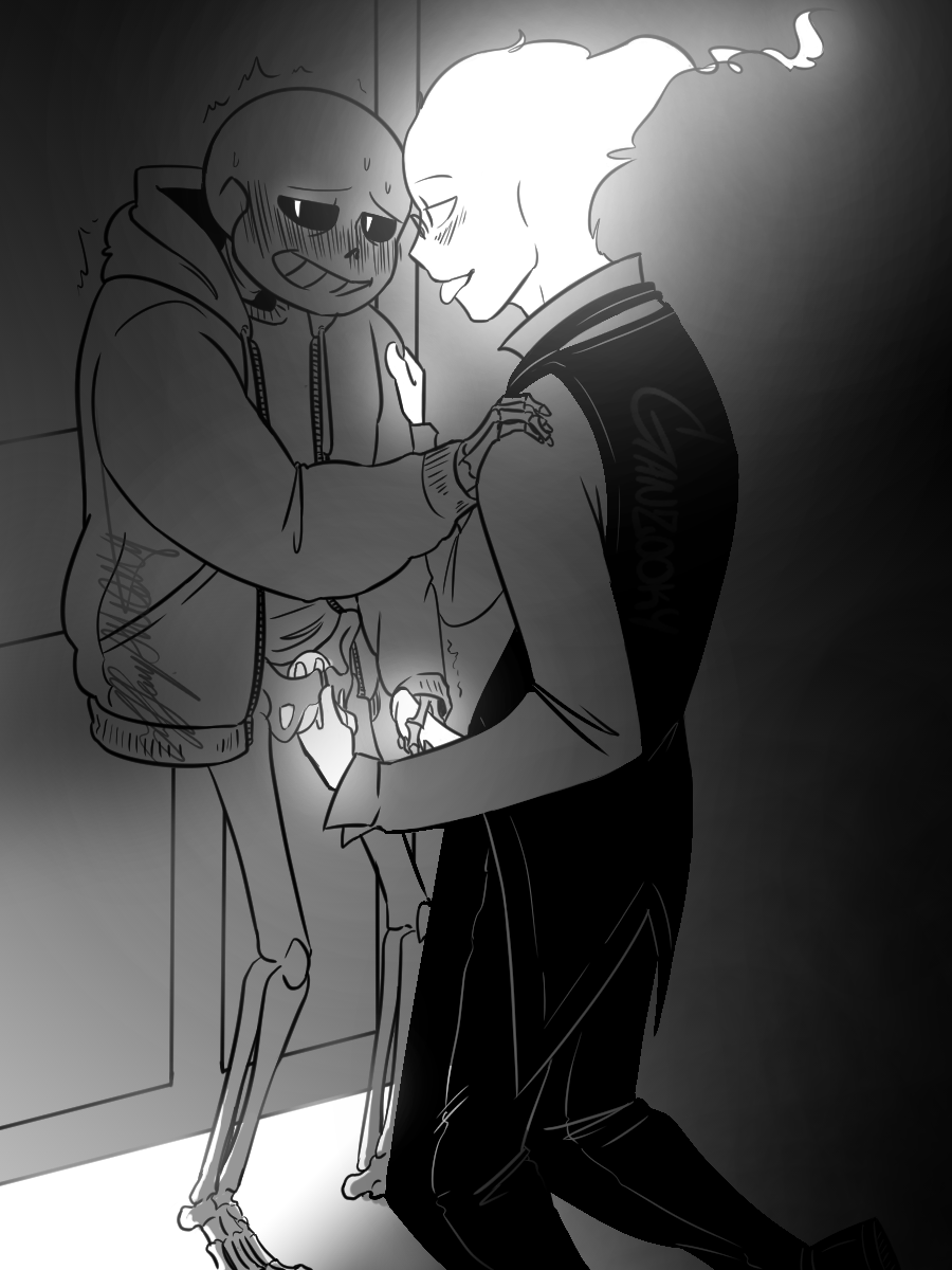 2010 2019 2boys animated_skeleton blush blush_lines bottom_sans bottomless clothed clothed_male duo ectoplasm fingering fingering_another fingering_partner fire_elemental ganzooky glasses grillby grillby_(undertale) grillsans hand_on_another's_shoulder handjob kneeling line_art lineart looking_away male male_only monochrome mutual_masturbation nsfwsinningsans partially_clothed penis sans sans_(undertale) seme_grillby skeleton standing tongue_out top_grillby uke_sans undead undertale undertale_(series)