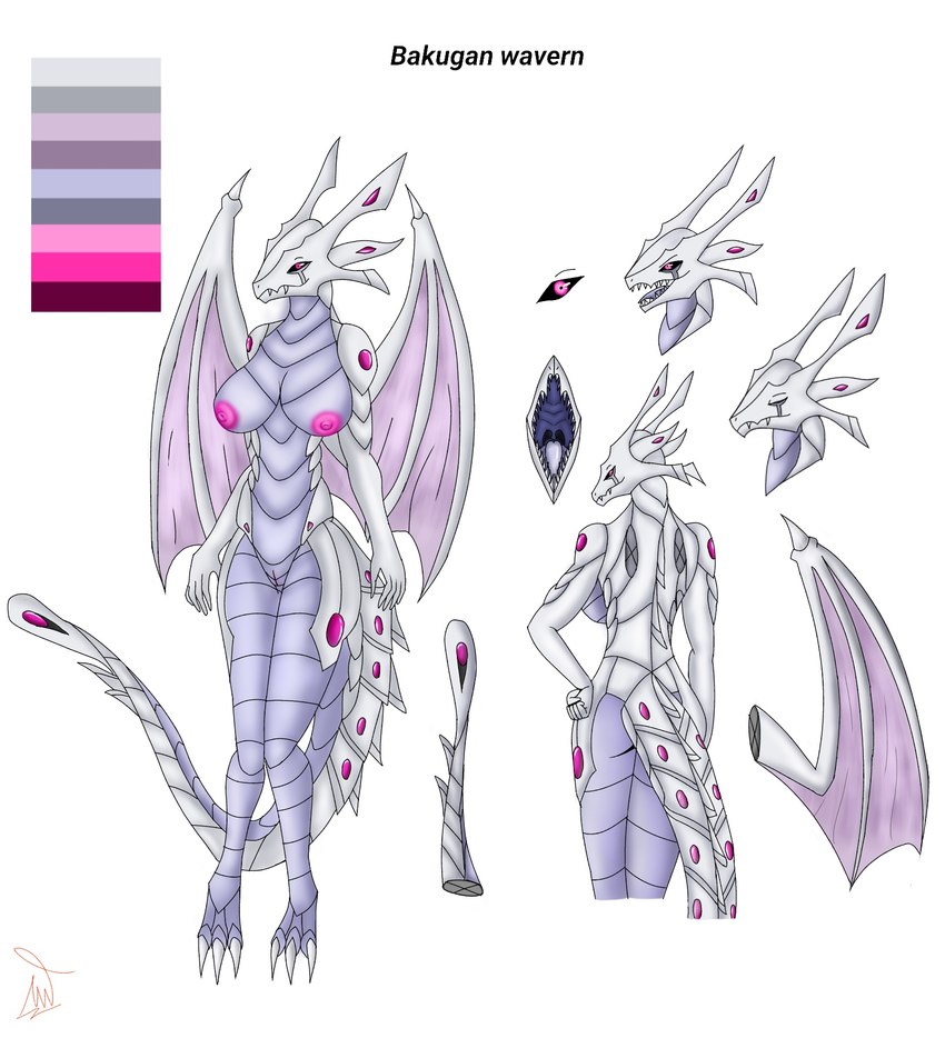 1_girl 1girl anonymous_artist anthro bakugan big_ass big_breasts breasts character_name character_sheet dragon dragon_girl dragoness female fur furry furry_only grabbing grabbing_own_breast happy hi_res highres nipples non-mammal_breasts non-web_source nsfw nude pussy tagme_(artist) tail wavern_(bakugan) white_background wings wyvern