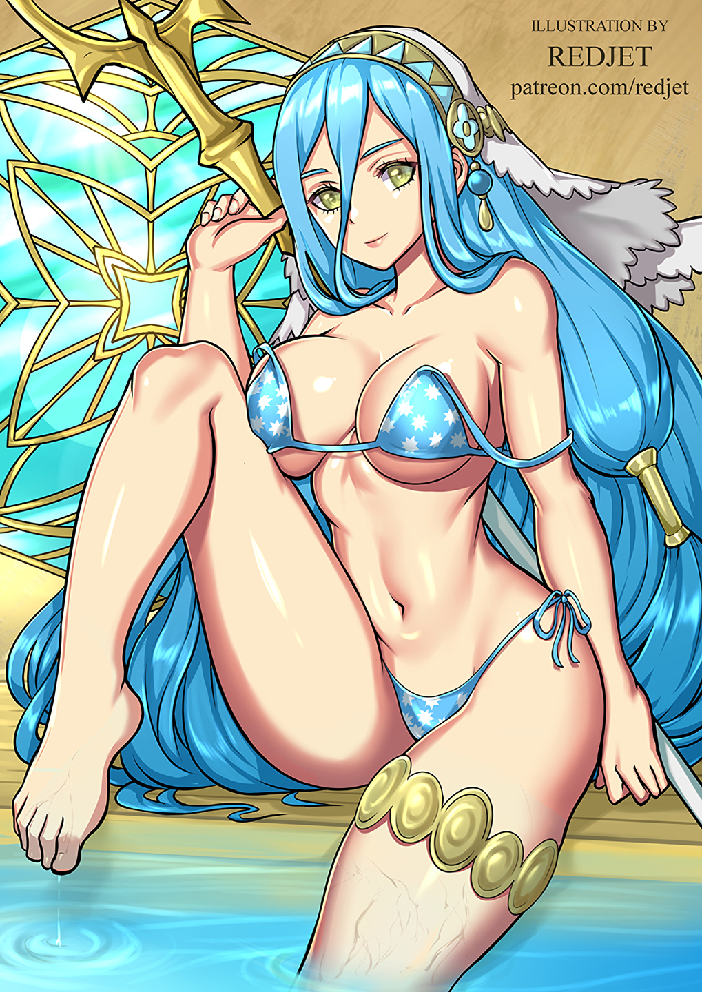 1girl 1girl alluring azura_(fire_emblem) barefoot bikini blue_hair breasts cleavage fire_emblem hair_between_eyes hairband holding holding_lance holding_polearm holding_weapon jewelry lance long_hair looking_at_viewer navel nintendo polearm redjet smile swimsuit very_long_hair weapon yellow_eyes