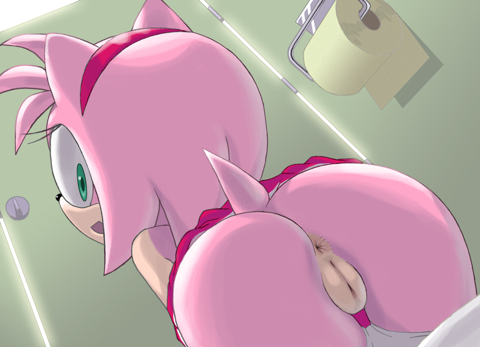 amy_rose animal_ears anus apostle_(artist) ass ass_focus bathroom bottomless eyelashes female_only from_behind furry green_eyes hairband hairless_pussy looking_back open_mouth panties pink_hair pussy rear_view sega solo_female sonic sonic_(series) sonic_the_hedgehog_(series) tail toilet toilet_paper uncensored upskirt