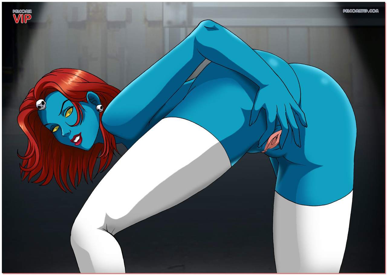 1girl ass bent_over blue_skin female female_only huge_ass looking_at_viewer marvel mystique palcomix palcomix_vip presenting_ass red_hair solo spreading spreading_pussy stockings white_stockings x-men x-men_evolution