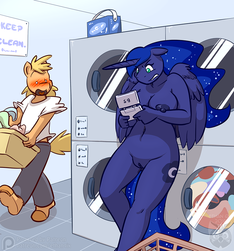 1boy 1girl 2016 anthro anthrofied areola blonde_hair blue_feathers blue_fur blue_hair blue_nipples blue_pussy blue_wings blush breasts casual casual_nudity cutie_mark duo equine ethanqix eyebrows eyelashes feathered_wings feathers friendship_is_magic fur furry hair horn horse laundromat mammal my_little_pony navel nintendo nintendo_ds nipples nude pony princess_luna public public_nudity pussy video_games washing_machine winged_unicorn wings