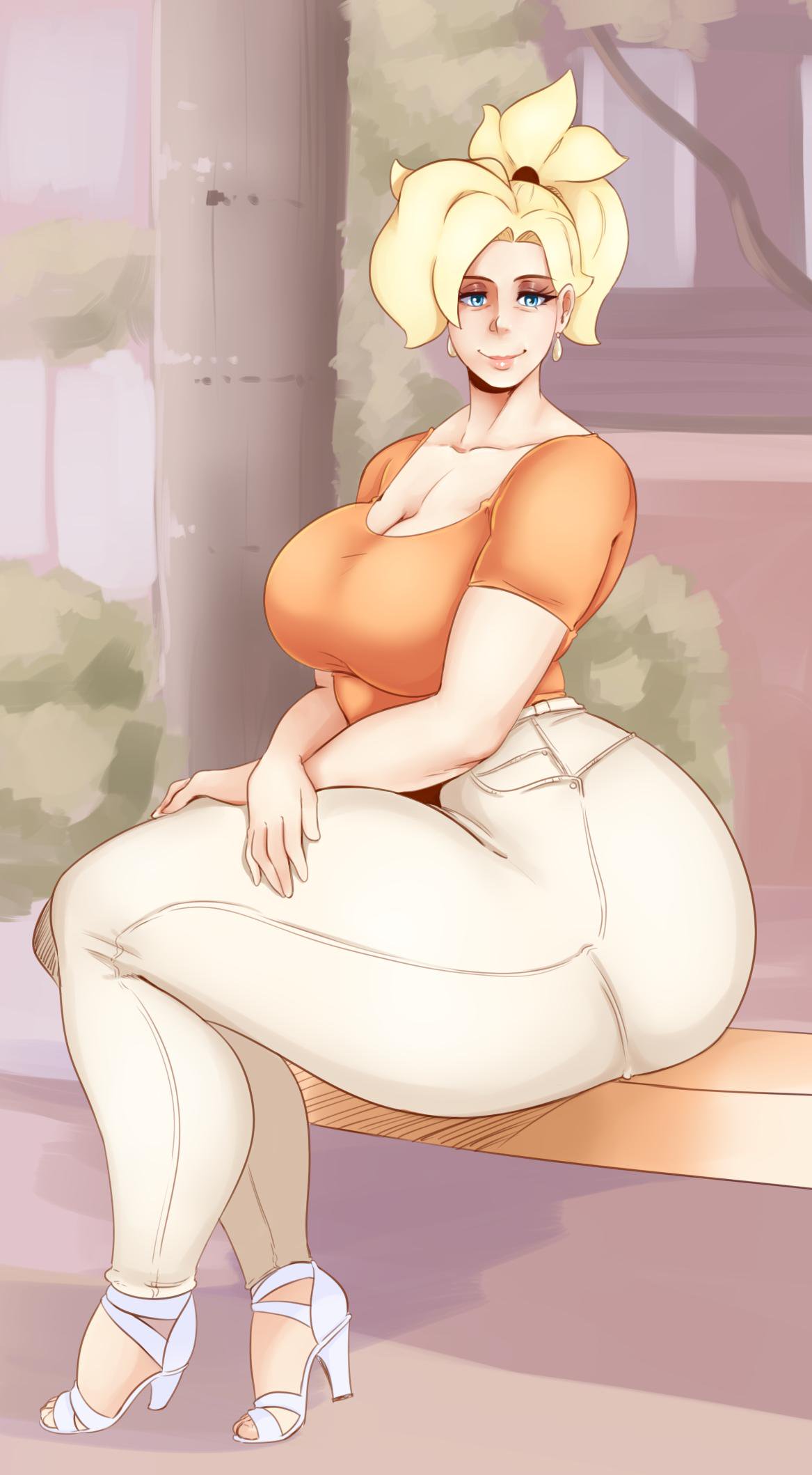 1female 1girl 2019 activision alternate_costume angela_ziegler ass background bags_under_eyes big_breasts big_lips black_eyeshadow blizzard_entertainment blonde_hair blue_eyes brown_eyebrows bubble_butt cleavage clothed clothing crossed_arms curvy dat_ass earrings eyelashes eyeshadow high_heels huge_ass huge_breasts jeans large_ass legs looking_at_viewer makeup mercy_(overwatch) outside overwatch ponytail sandals sexy sexy_ass sexy_body sexy_breasts shirt sitting sitting_down slightly_chubby smile suggestive sundown thick thick_ass thick_bottom_lip thick_legs thick_lips thick_thighs thighs thin_waist tired wide_hips