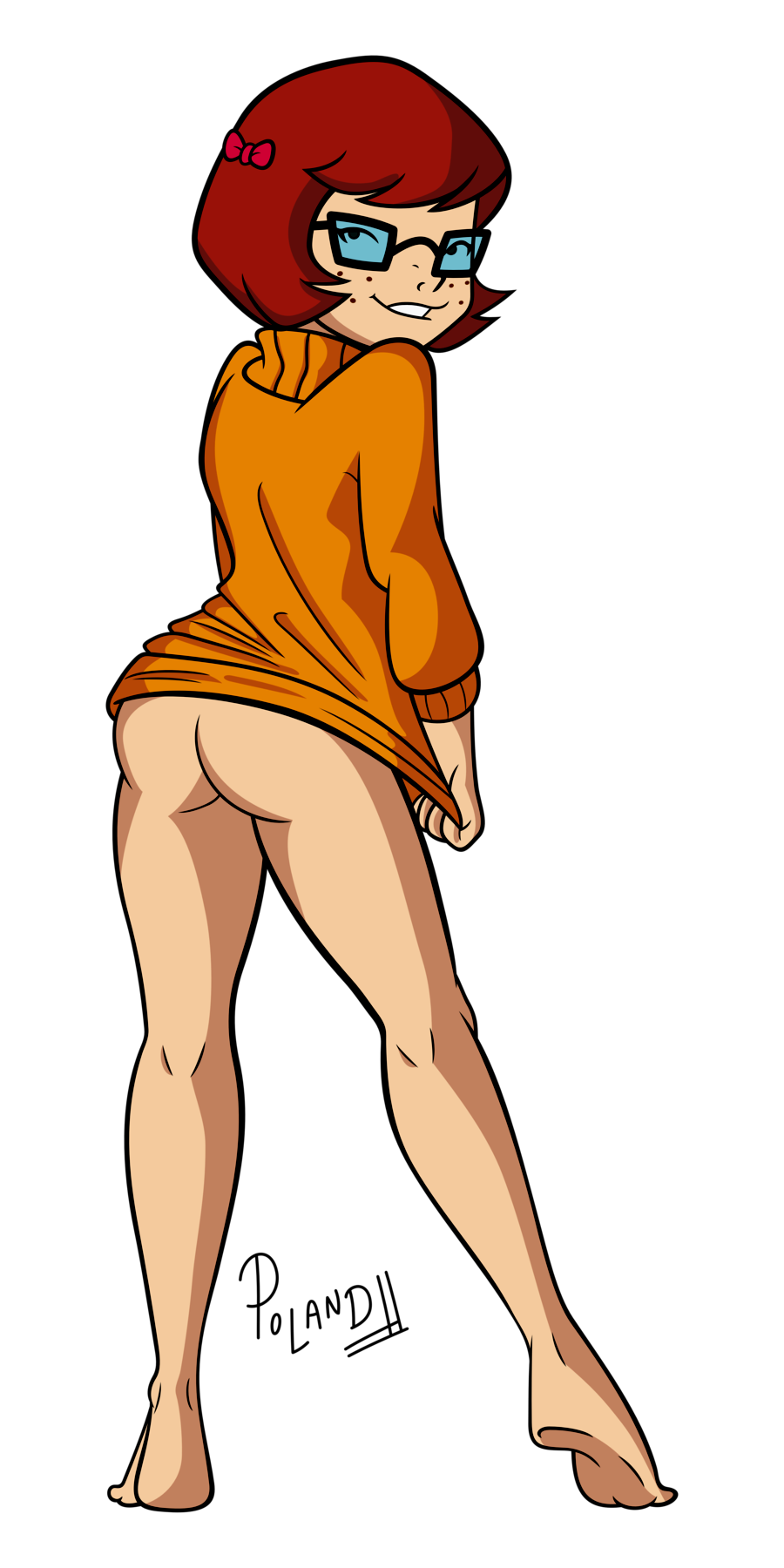 1_girl 1girl ass barefeet barefoot bespectacled bottomless brown_hair bubble_butt female female_human female_only freckles full_body glasses human human_only kneepits looking_at_viewer no_panties partially_clothed poland_(artist) scooby-doo sexy_ass short_brown_hair short_hair smile solo standing sweater transparent_background velma_dinkley