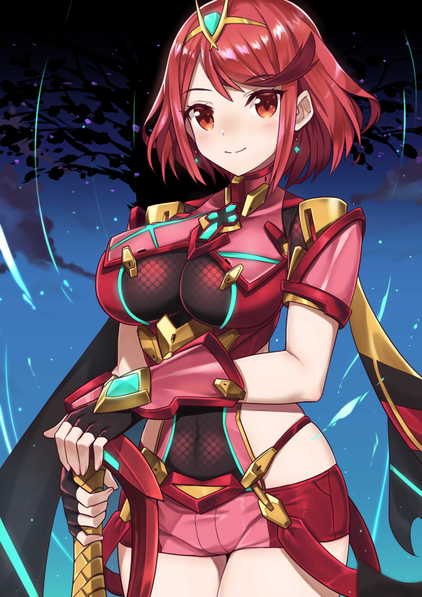 1girl alluring bangs black_gloves blush breasts covered_navel earrings fingerless_gloves gloves hair_ornament hand_on_hilt jewelry large_breasts looking_at_viewer night night_sky nintendo outside pyra red_eyes red_hair short_hair short_shorts shorts sky smile starry_sky sword tree vambraces weapon xenoblade xenoblade_(series) xenoblade_chronicles_2