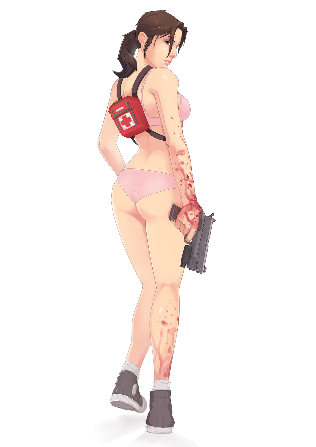 1girl ass blood bra breasts brown_hair curvy female female_only first_aid_kit from_behind full_body green_eyes gun handgun highres left_4_dead littleowler long_hair looking_back owler panties pistol ponytail shoes sideboob sneakers socks solo solo_female tan underwear underwear_only weapon white_background yellow_eyes zoey_(left4dead)